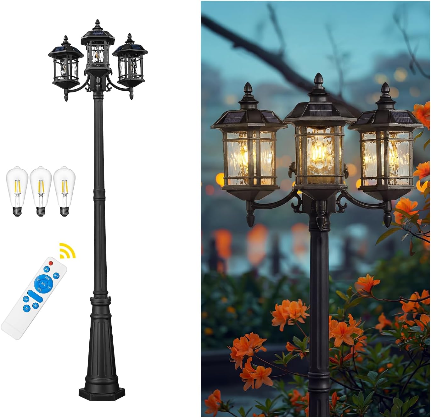 Emliviar 3-Head Outdoor Street Lights Solar Powered, Aluminum Post Lamp 100.4' Dusk to Dawn, Black Solar Column Lighting with Water Ripple Glass, 2084PL-3 SL BK-SW