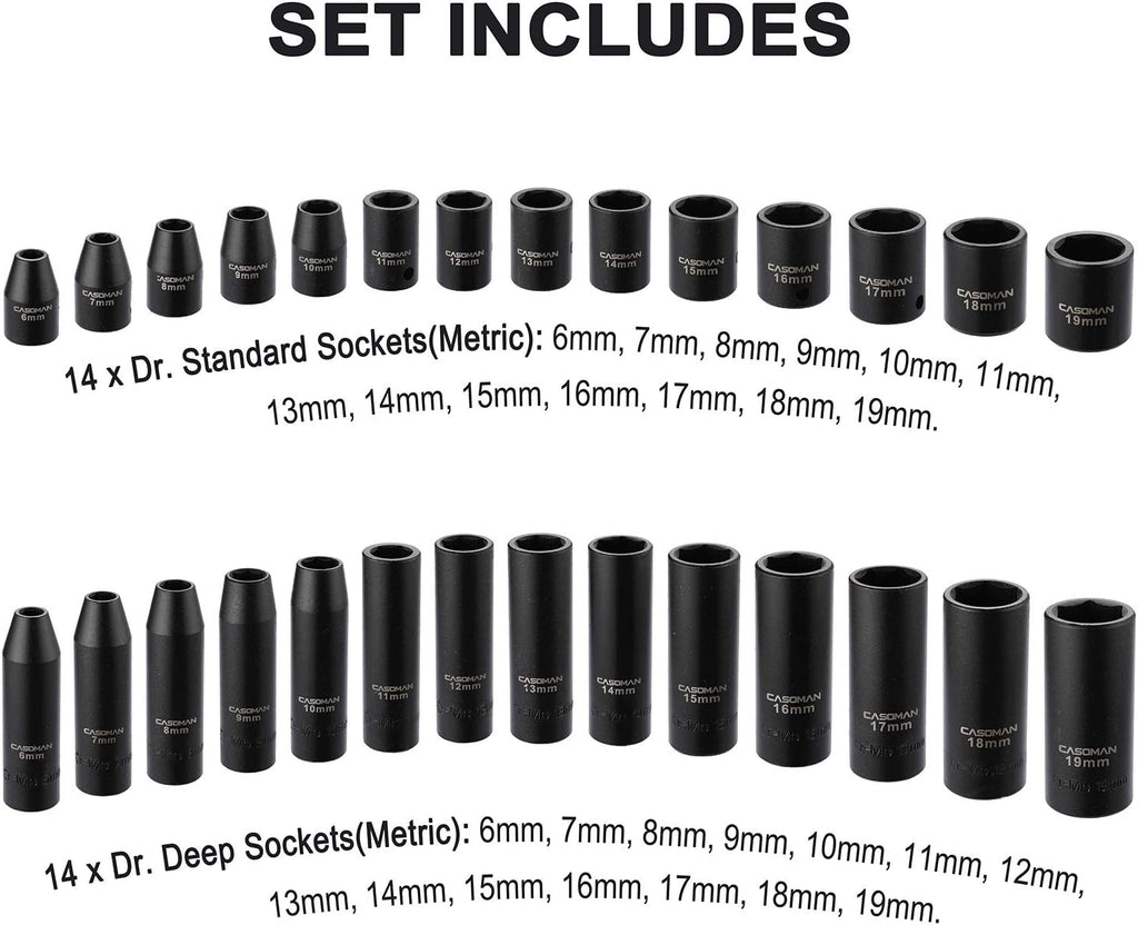 CASOMAN 87PCS 3/8' Drive Master Impact Socket Set, SAE & Metric Standard, Deep, Swivel Sockets,Cr-MO Steel, Includes Star and Inverted Star Socket, Impact Universal Joint, Extension Bars