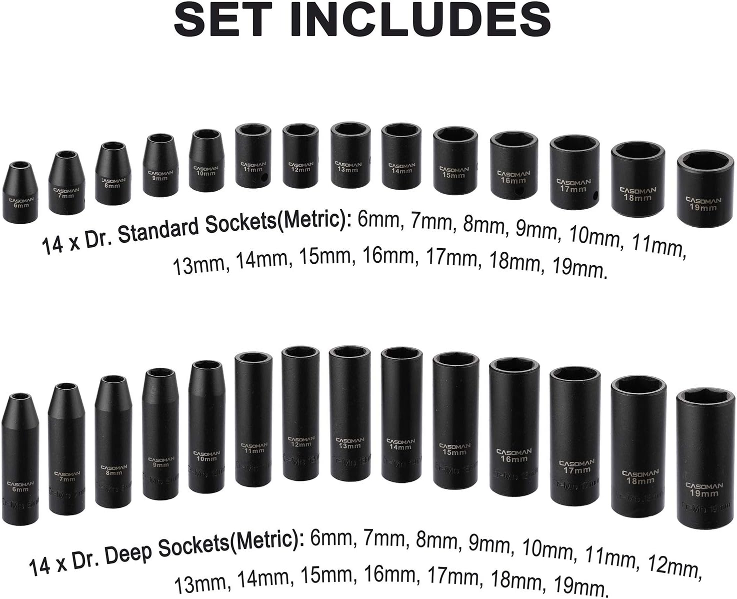 CASOMAN 87PCS 3/8' Drive Master Impact Socket Set, SAE & Metric Standard, Deep, Swivel Sockets,Cr-MO Steel, Includes Star and Inverted Star Socket, Impact Universal Joint, Extension Bars