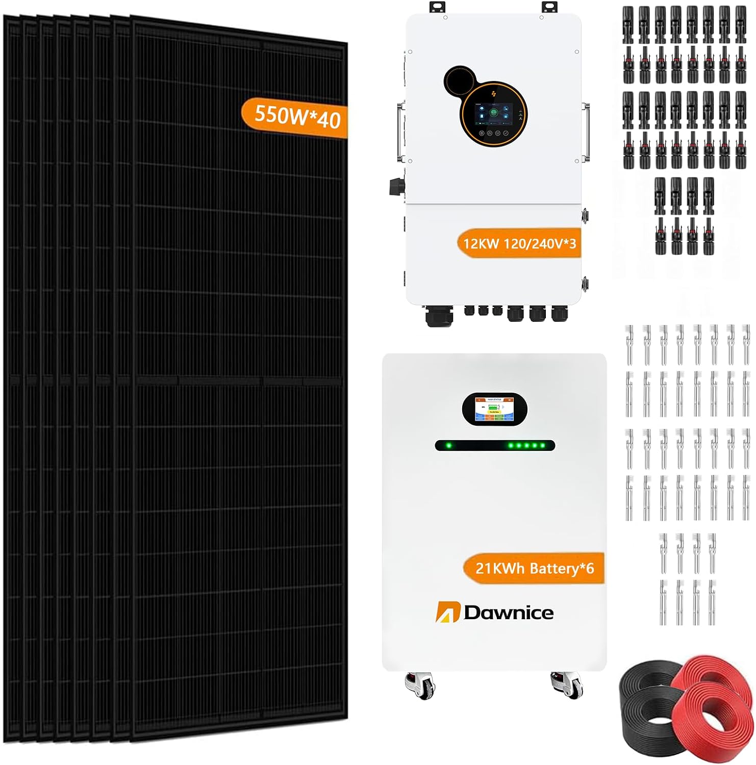 22000W Hybrid Solar System Complete Kit with 3Sets 12KW Solar Hybrid Inverter,6Sets 48V 410Ah 21KWh LiFePO4 Battery 40PCS Bificial 550W Solar Panels with MPPT Controller 120/240Vac