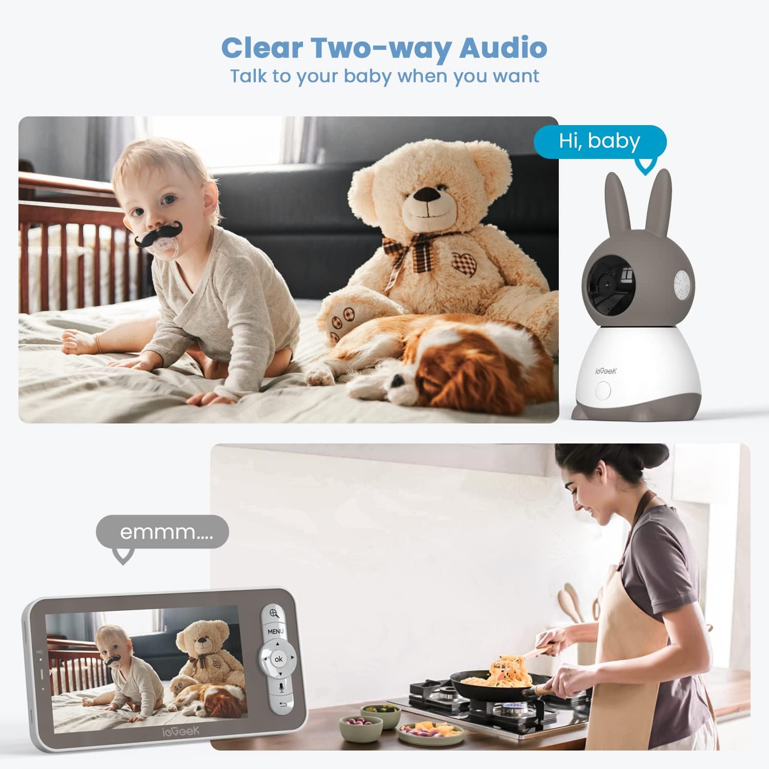 ieGeek 2K Split-Screen Baby Monitor, 5' Audio Baby Monitor with 2 Cameras, WiFi Smartphone Video Dual Camera, Night Vision, Motion & Cry Detection, Two Way Talk Temper &Humidity Sensor