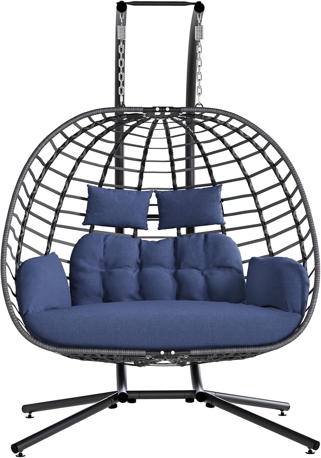 SWITTE Double Hanging Egg Chair with Stand, Outdoor Patio 2 Person Wicker Hammock Swing Chairs with Cushion for Indoor Bedroom, Lawn, Garden-Dark Blue