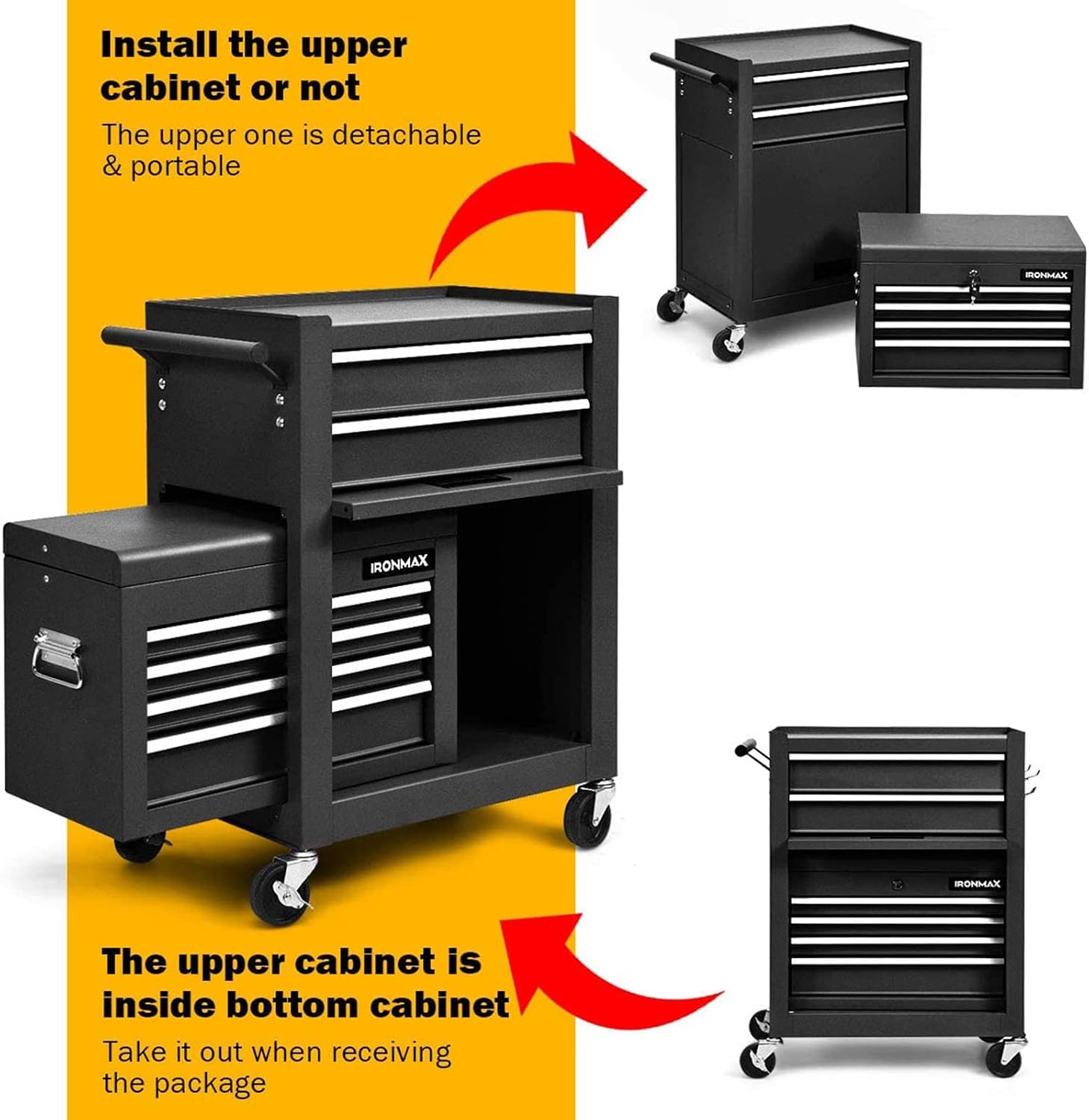 Goplus Tool Chest, 3-in-1 Rolling 6 Drawers Tool Cabinet with Detachable Top Toolbox, Middle Tool Storage, Universal Lockable Wheels, Protective Liner, Auto Lock, Metal Tool Box for Garage Workshop