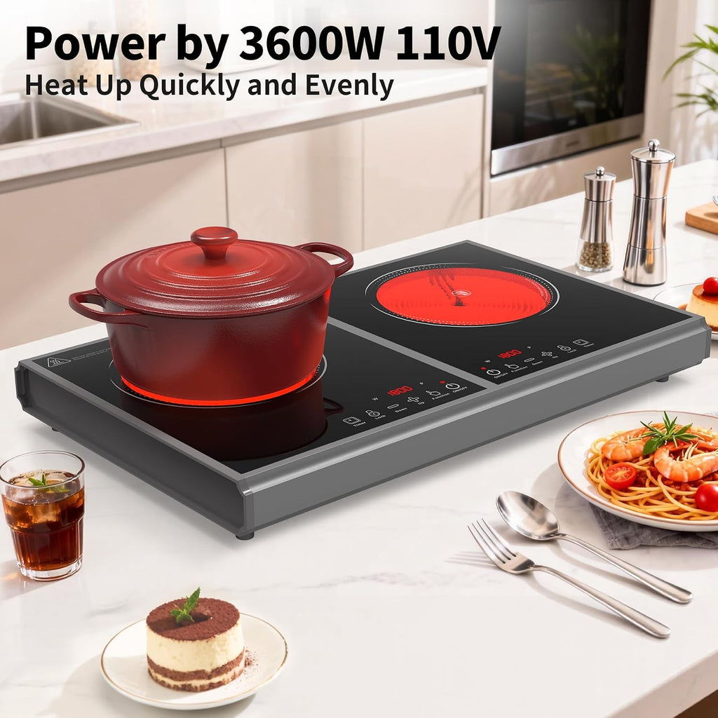 GIHETKUT Electric Cooktop,110V 3600W Stove top, 20 inch Countertop with 9 Power Levels,LED touch control,Overheat Protection,Child Safety Lock & Timer,touch control 2 burner Electric cooktop