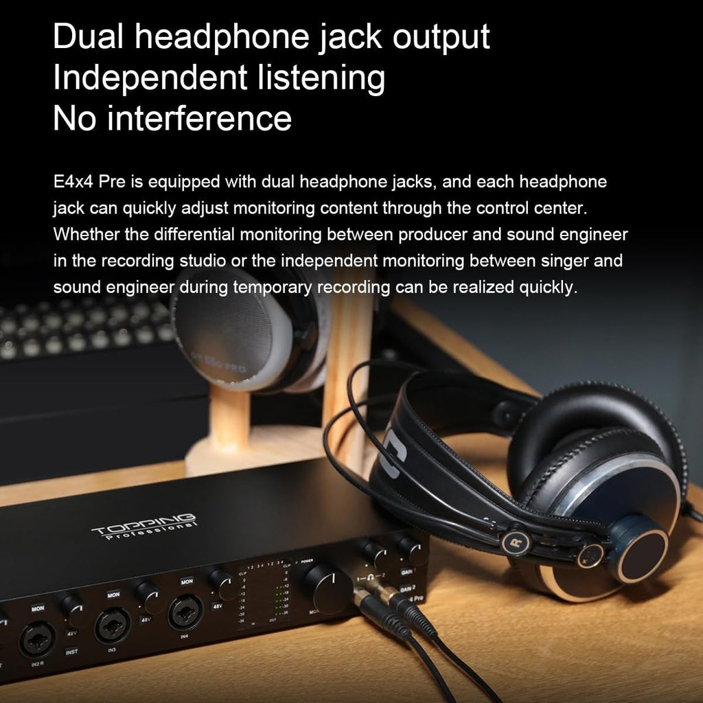 TOPPING E4X4 Pre USB Audio Interface - Dual USB-C Ports, 24bit/192kHz, 4IN/4OUT, Dual Headphone Outputs, Low Noise, Real-Time Monitoring, Mixer, for PC, Mac, iPhone, Professional Recording (White)
