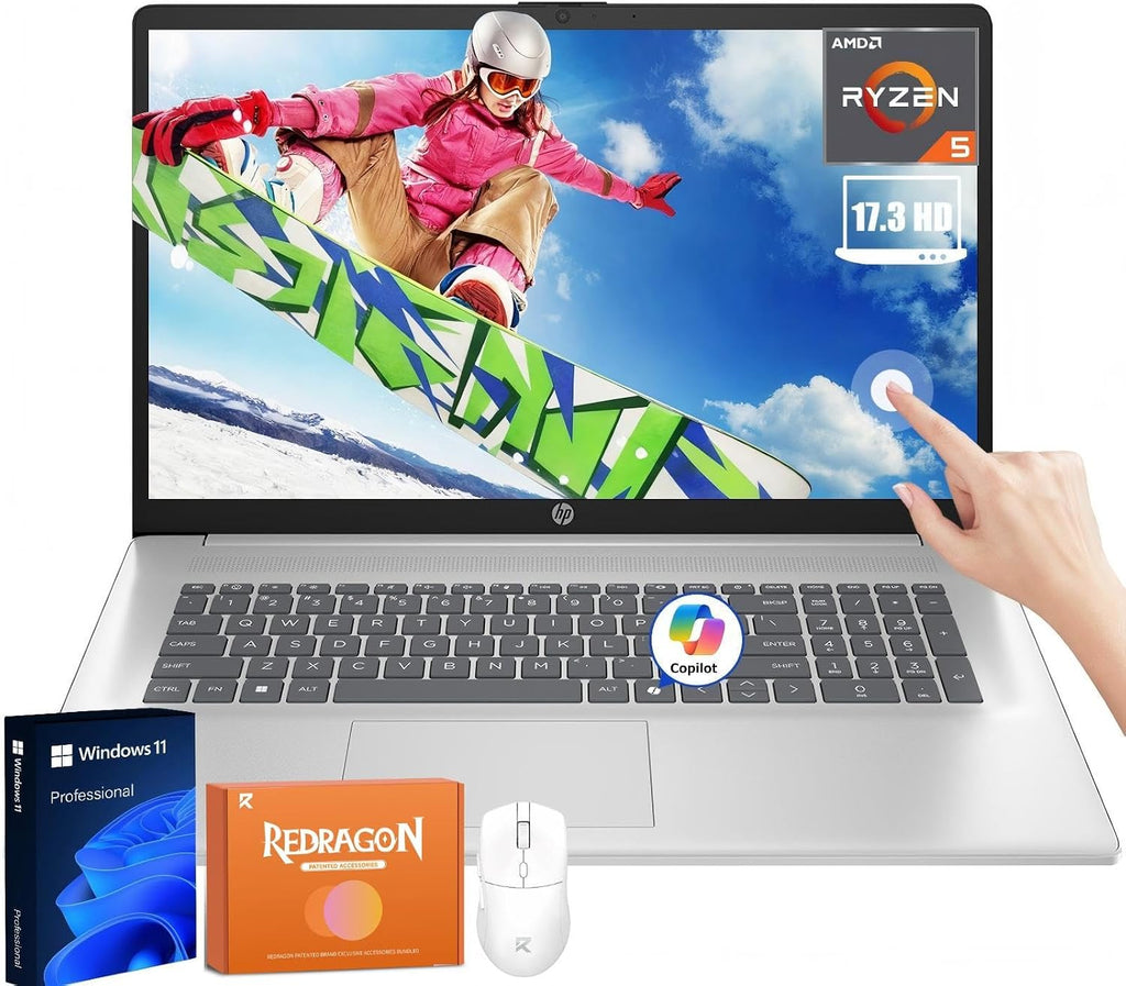 HP 17.3 Touchscreen Laptop for Business, AMD Ryzen 5 Processor, 16 GB RAM, 1 TB SSD, 17.3' HD+ Anti-Glare, Wi-Fi 6, Copilot-AI, 128 GB USB Flash Drive, HP Fast Charge, Windows11 Pro, W/REDRAGON Mouse