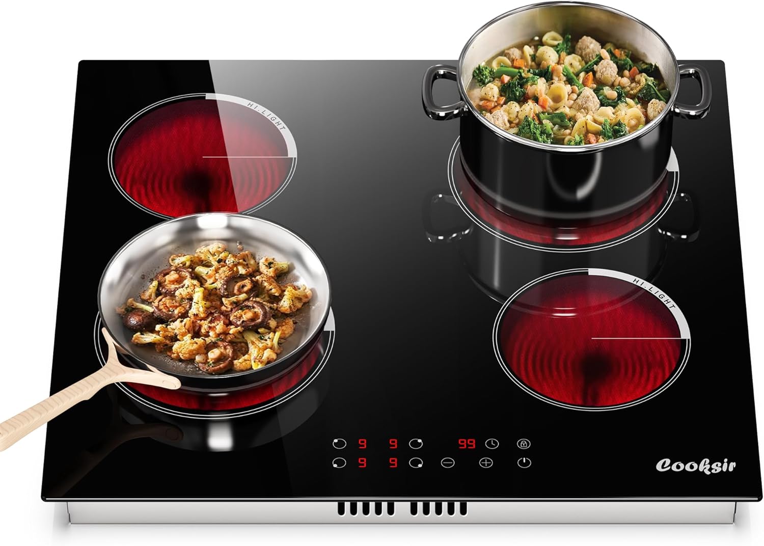 Electric Cooktop 24 Inch, 4 Burner Electric Stove Top Drop-in(22.05'x19.3') 220V-240V, 24 Inch large Ceramic Stovetop with Ceramic Glass, Timer, Kids Safety Lock, 220V Hard Wired (No Plug)