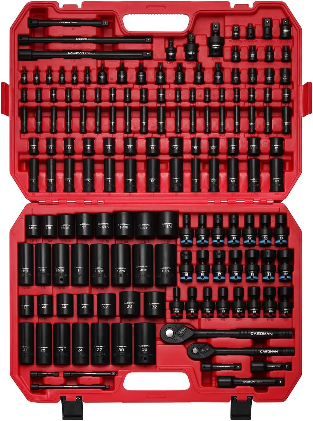 CASOMAN 153-Piece 1/4' & 3/8' & 1/2' Drive Master Impact Socket Set with Case, Professional Standard and Deep Socket Tool Set, 6 Point, SAE and Metric Sizes