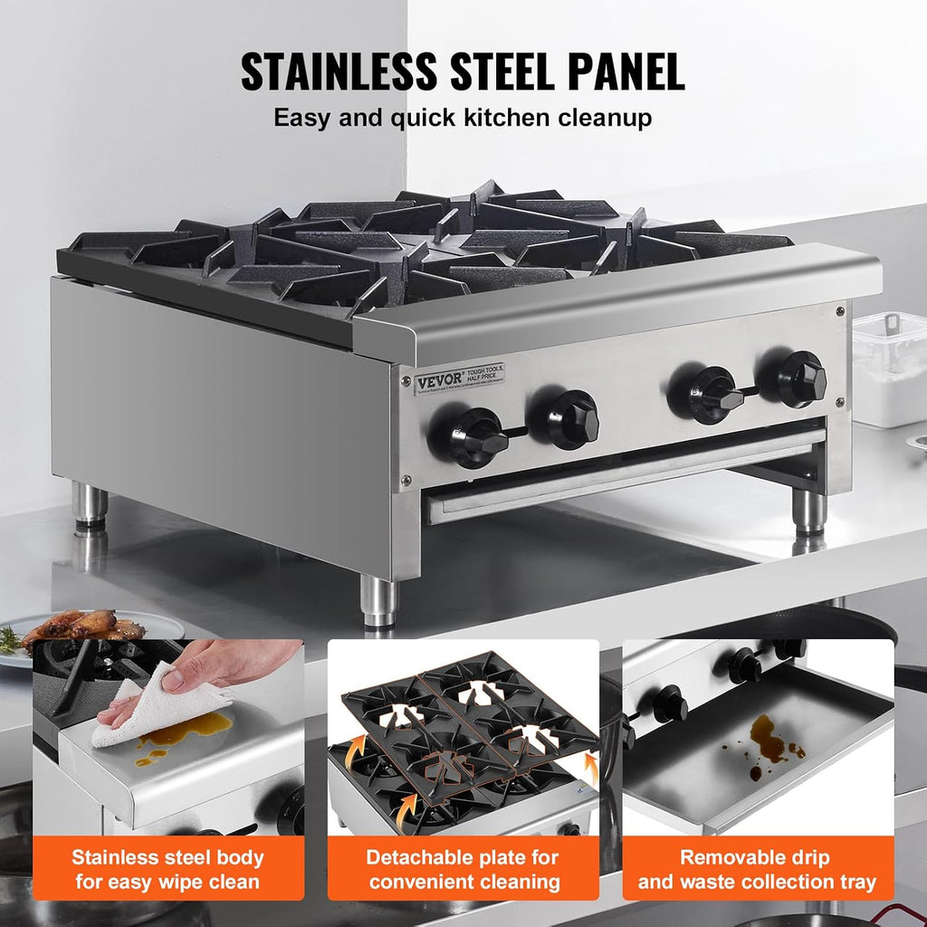 VEVOR Commercial Gas Stove with 4 Burners, Propane and Natural Gas Countertop Cooking Stove Range, Stainless Steel Gas Hot Plate, Commercial Cooking Equipment for Restaurant, 112,000 BTU