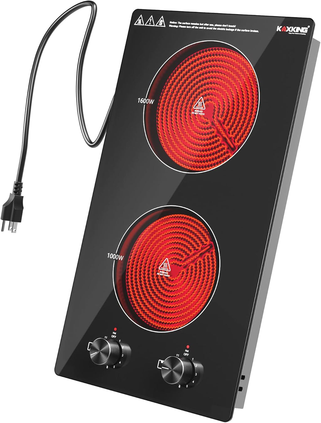 12 Inch 2 Burner Electric Cooktop, 1600W Ceramic Electric Stove Top, 110-120V Plug-in Radiant Countertop & Built-in Cooktop, 11 Heat Levels, Knob Control, Residual Heat Indicator