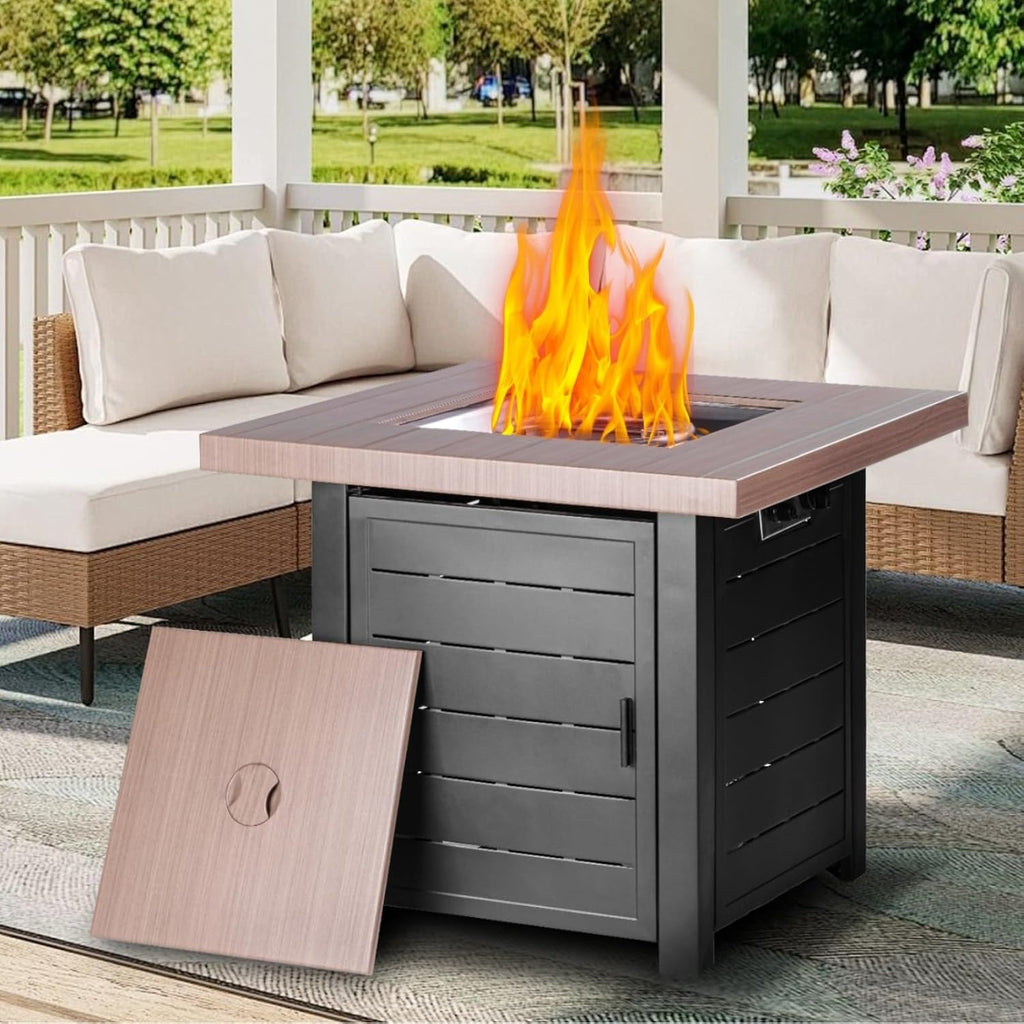 OutVue 28 Inch Propane Fire Pit Table, Outdoor Gas Fire Pits with Lid & Lava Rock, 50000 BTU Firepit for Dinning, Party in Outside, Patio, Garden or Yard(Black&Brown)