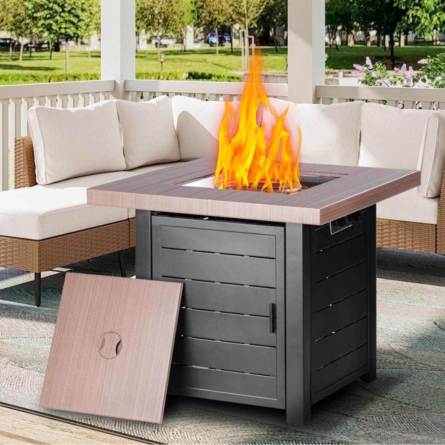 OutVue 28 Inch Propane Fire Pit Table, Outdoor Gas Fire Pits with Lid & Lava Rock, 50000 BTU Firepit for Dinning, Party in Outside, Patio, Garden or Yard(Black&Brown)
