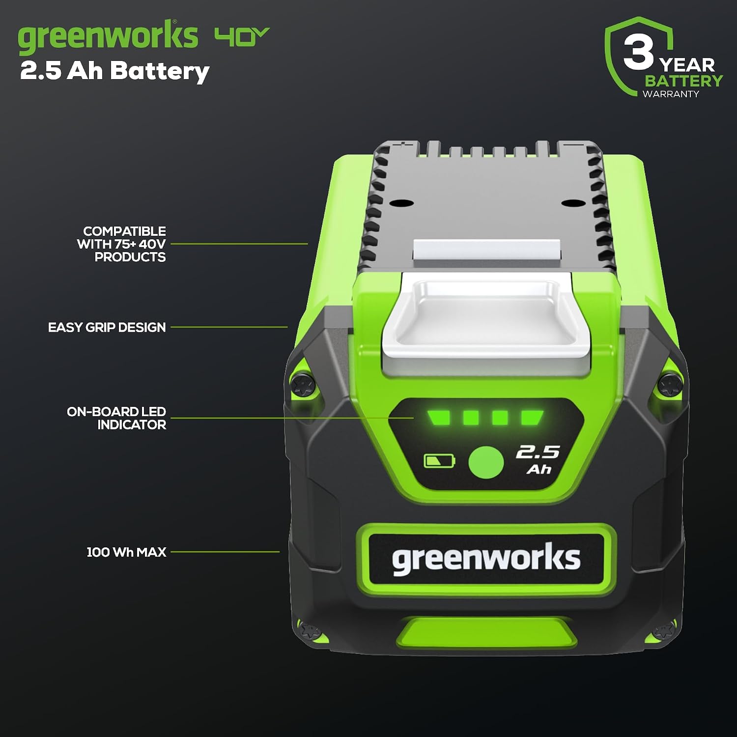 Greenworks 40V 2.5Ah Lithium-Ion Battery (Genuine Greenworks Battery / 75+ Compatible Tools)