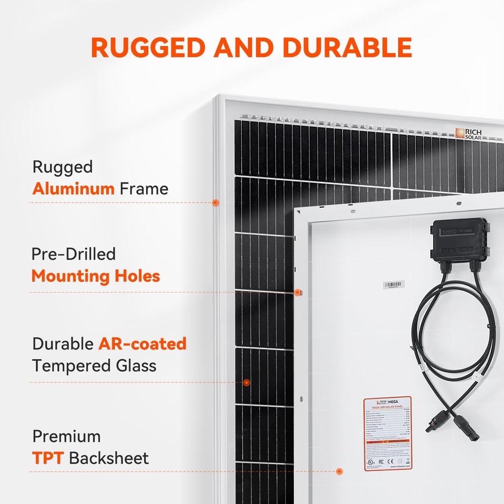 RICH SOLAR 200 Watt 24 Volt 9BB Cell Monocrystalline Solar Panel High Efficiency Solar Module for RV Trailer Camper Marine Off Grid