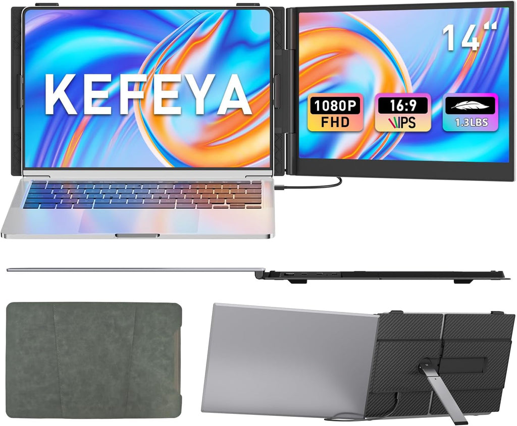 KEFEYA Laptop Screen Extender, 14' FHD 1080P Portable Monitor for Laptops, 0.19' Ultra-Thin Laptop Monitor Extender for 13-17' with USB-C/HDMI Port, Plug n Play for Windows/Mac/Android/Switch/PS5