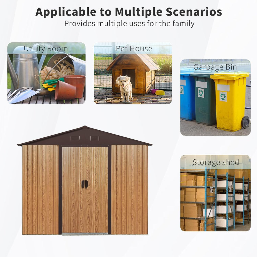 8 x 4 FT Outdoor Storage Shed, Metal Garden Shed with Floor Frame, Tool Shed Outdoor Storage with Lockable Sliding Doors & Window & Air Vents, Storage House Waterproof for Backyard, Lawn, Coffee