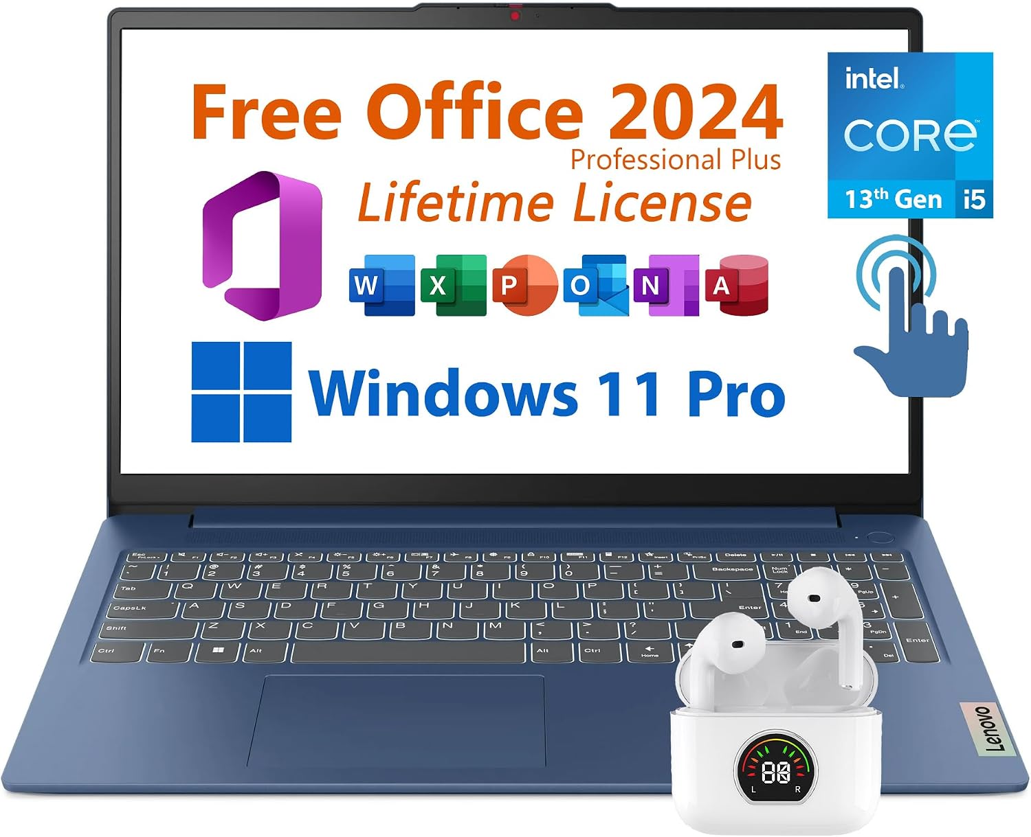 Lenovo 15.6' Laptop, Free Microsoft Office 2025 with Lifetime License, Touchscreen FHD, Intel 10-Core i5-1335U 4.6 GHz, 8GB RAM, 256GB SSD, WiFi 6, 7 hrs Battery Life, Windows 11 Pro, Toree Earbuds
