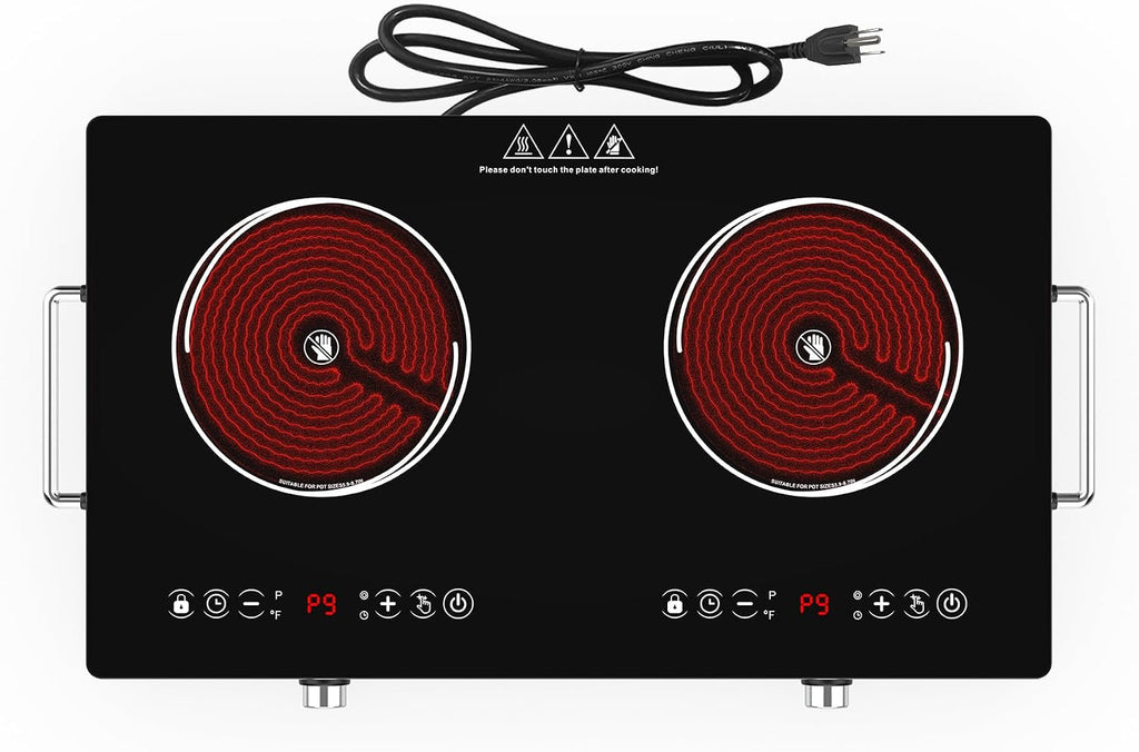 2 Burner Electric Cooktop 110V, 4000W Portable Electric Stove Infrared Hot Plate, 24 inch Countertop Burners with Handle, 3-Hours Timing Setting & Kid Safety Lock, Compatible for All Cookwares