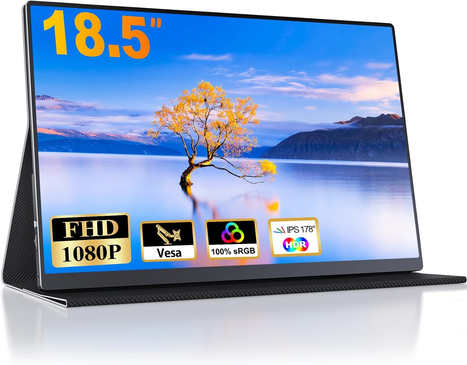 18.5 Inch Portable Monitor for Laptop, FHD 1080P 100% sRGB Travel Monitors for Laptop, Portable Computer IPS Display w/VESA, External Monitor USB-C HDR HDMI Portable Screen w/Smart Cover & Speakers