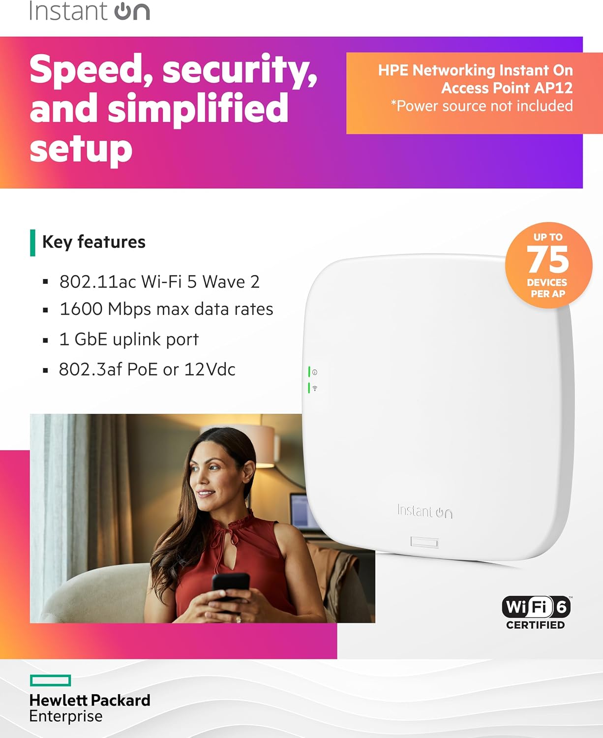 HPE Networking Instant On Access Point AP12 3x3 WiFi 5 Indoor Wireless Access Point | Power Source Not Included | US Model (R2X00A)
