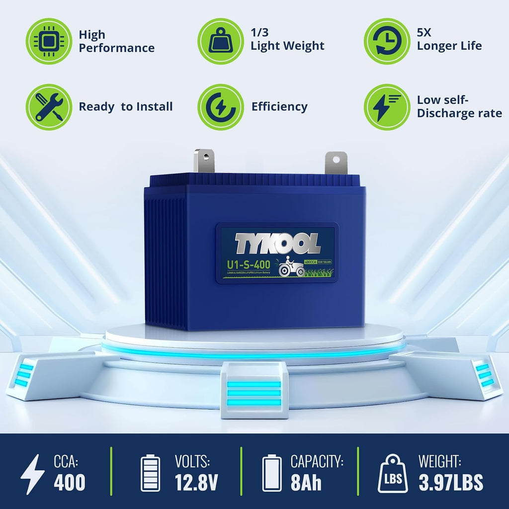 TYKOOL 400 CCA 8Ah, Group U1 LiFePO4 Lithium Lawn Mower Battery, Garden Tractor Battery, Compatible for Ride on Lawn Tractor and Mower, Fits for Cub Cadet, John Deere, Troy-Bilt Mower, Craftsman [+ -]