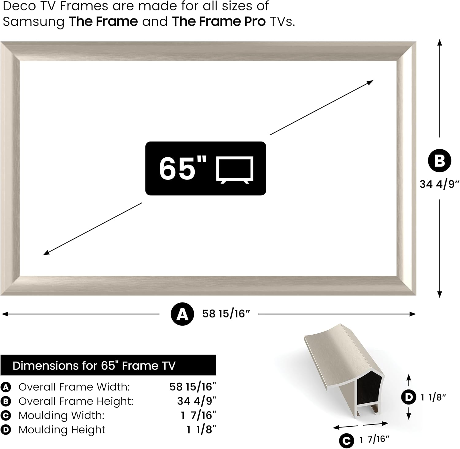 German Silver Prismatic 65' Alloy Deco TV Frame - Compatible ONLY with Samsung The Frame TV and Pro TVs (Fits 2021-2026, LS03A, LS03B,LS03C,LS03D,LS03FA,LS03FW)