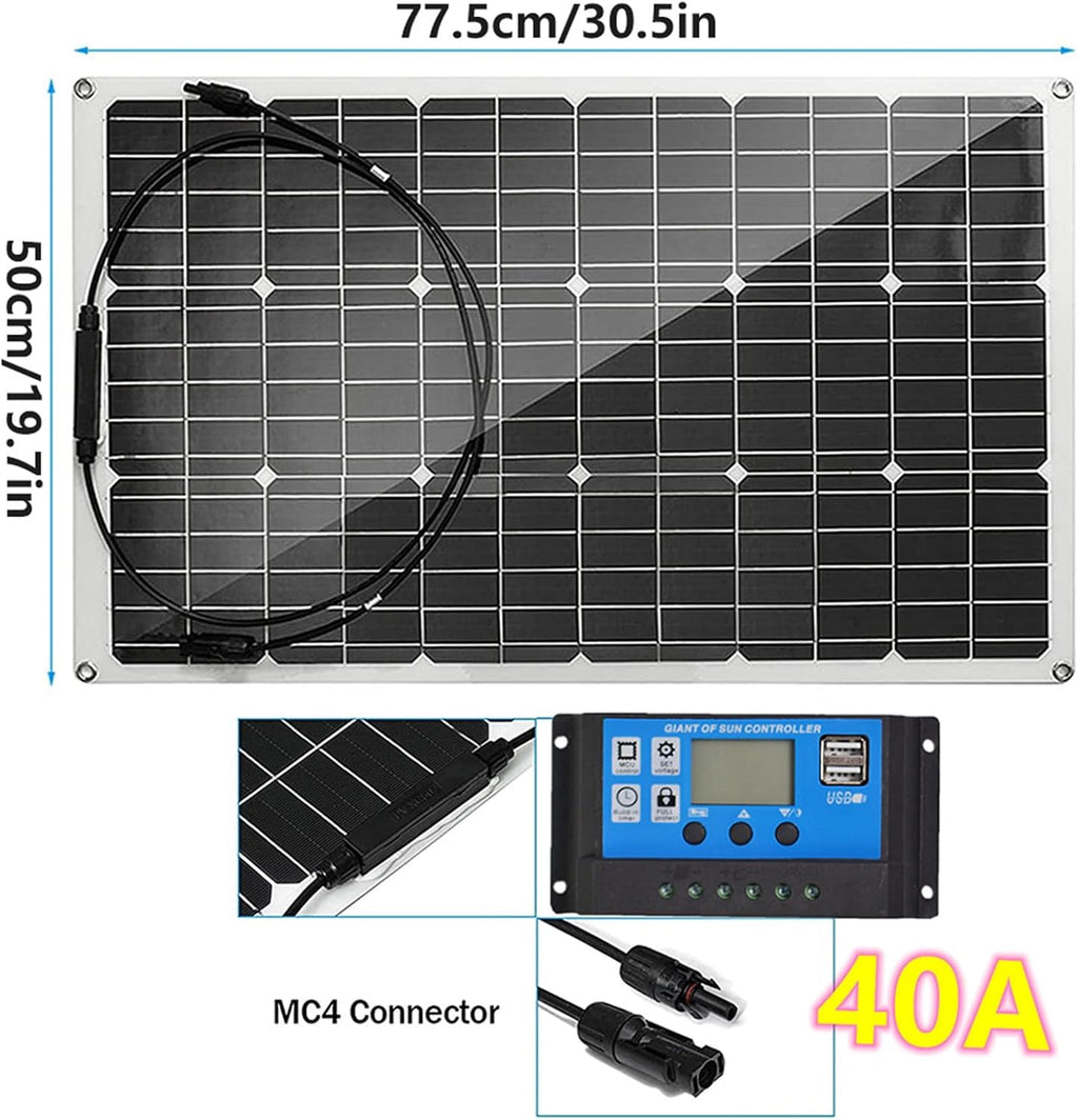 300 Watt 12 Volt Flexible Monocrystalline Solar Panel High Efficiency PV Module with 40A Charge Controller Extension Cable for RV Trailer Marine Rooftop Home Farm Off-Grid System 8 * 300W