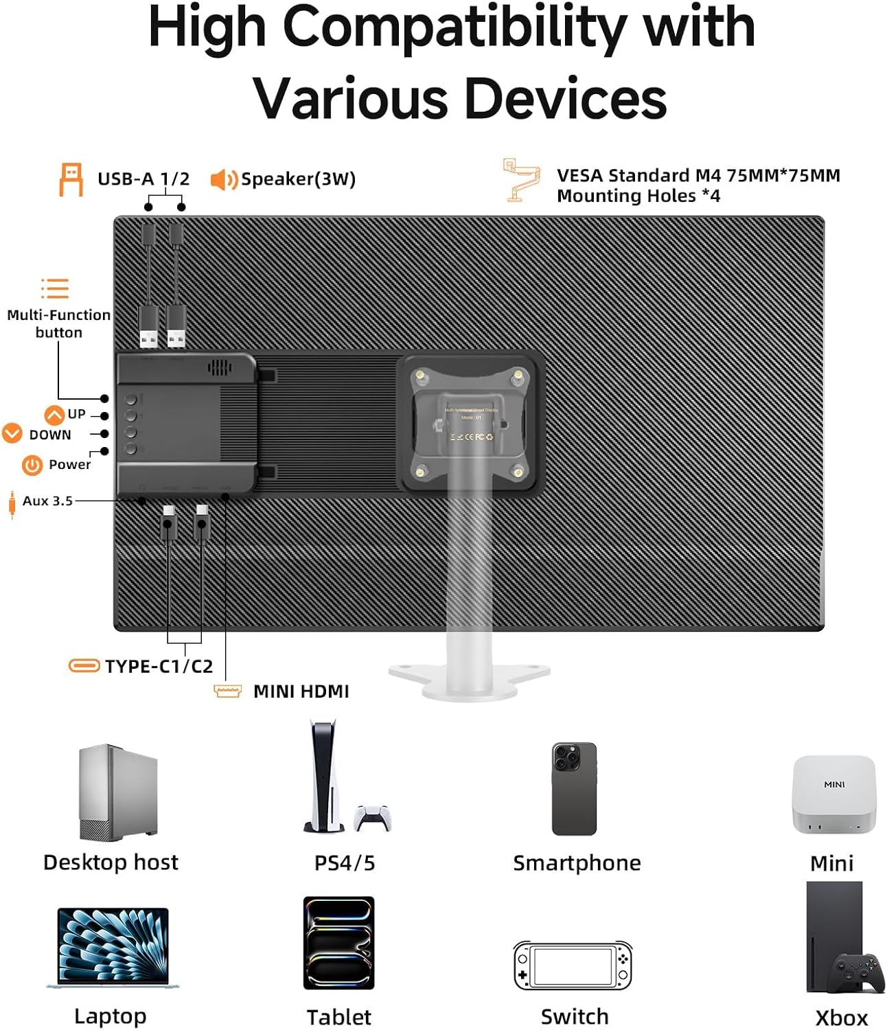 23.8' 2.5K 180Hz Portable Monitor - QHD Laptop Screen Extender 112% sRGB Wide Color HDR HDMI USB C Travel External Display with Stand Gaming Monitor for Computer PC Phone Game Console