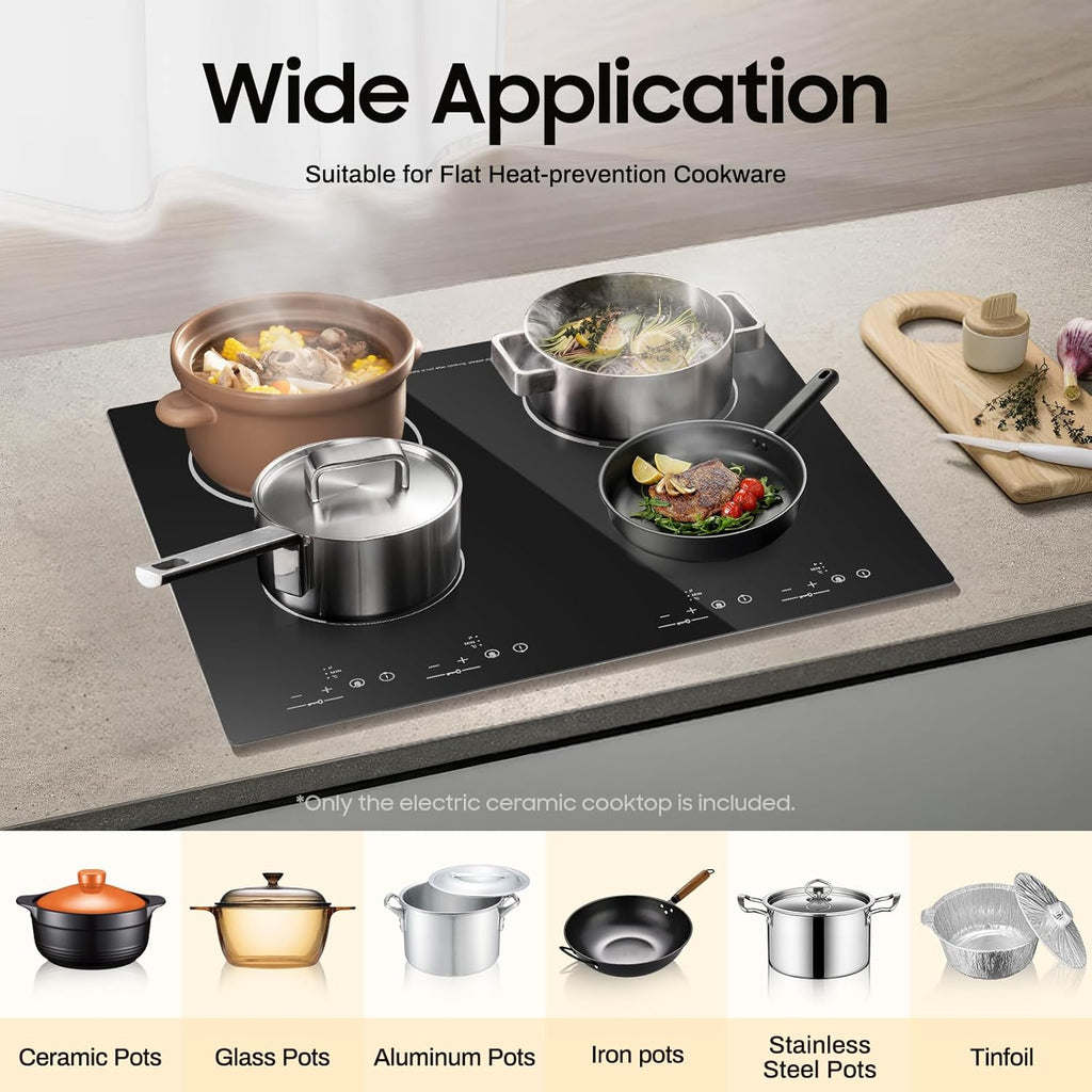 Ceramic Cooktop, 22 * 20 Inch Built-in 4 Burners Electric Stove, Cooker Hob with Touch Control Child Lock Timer Electric Stove with Hard Wire 3000W 110V