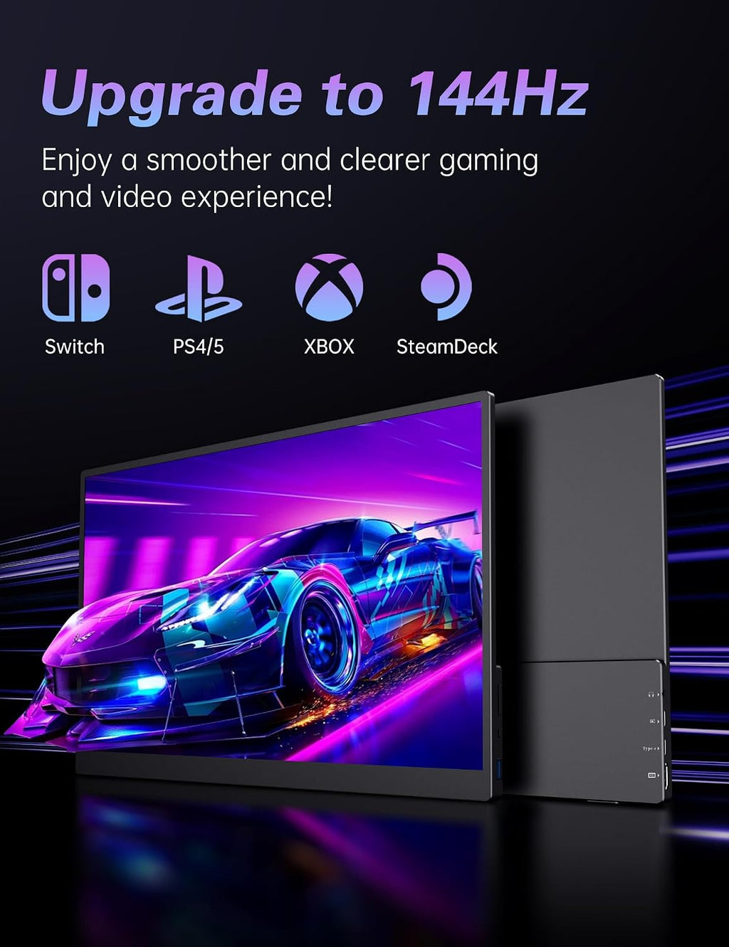 CAPERAVE Portable Monitor 17.3' 144Hz, FHD 100% sRGB HDR Portable Gaming Monitor, Travel Monitor with Kickstand & Speakers, USB-C HDMI External Screen for Laptop Mac Xbox Switch PS5/4
