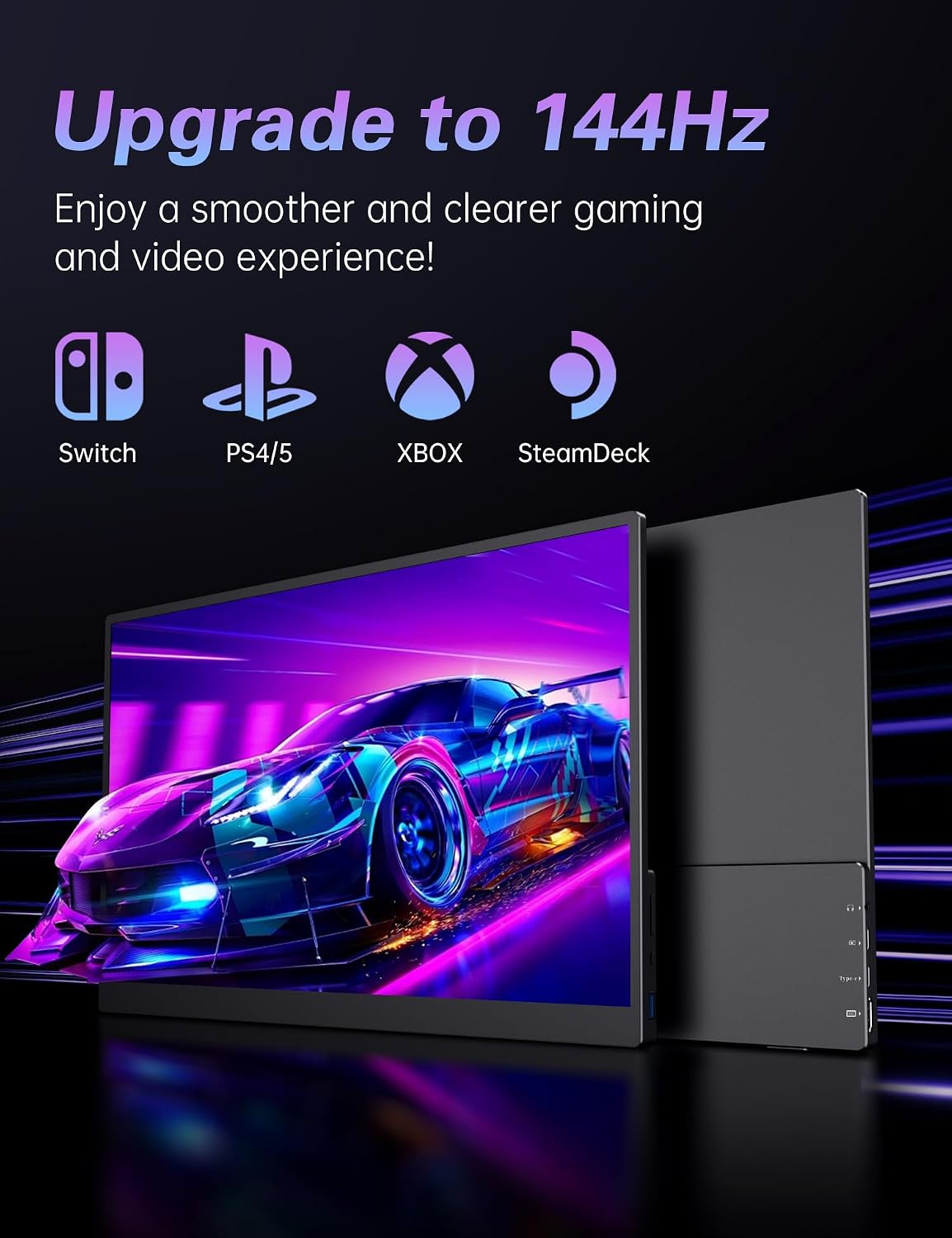 CAPERAVE Portable Monitor 17.3' 144Hz, FHD 100% sRGB HDR Portable Gaming Monitor, Travel Monitor with Kickstand & Speakers, USB-C HDMI External Screen for Laptop Mac Xbox Switch PS5/4