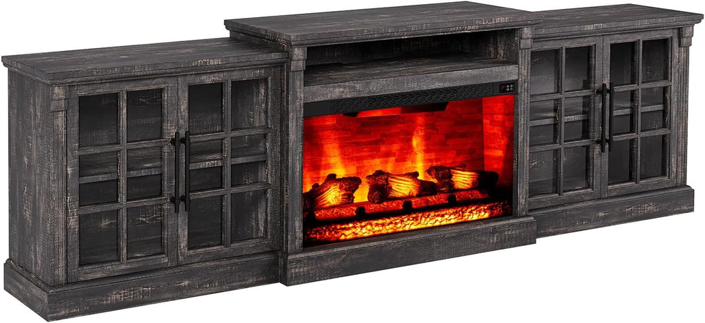 LUXOAK 97' Farmhouse TV Stand with 33' Fireplace for TVs up to 100', Media Entertainment Center with Large Storage Cabinet and Adjustable Shelves for Living Room, Rustic Black