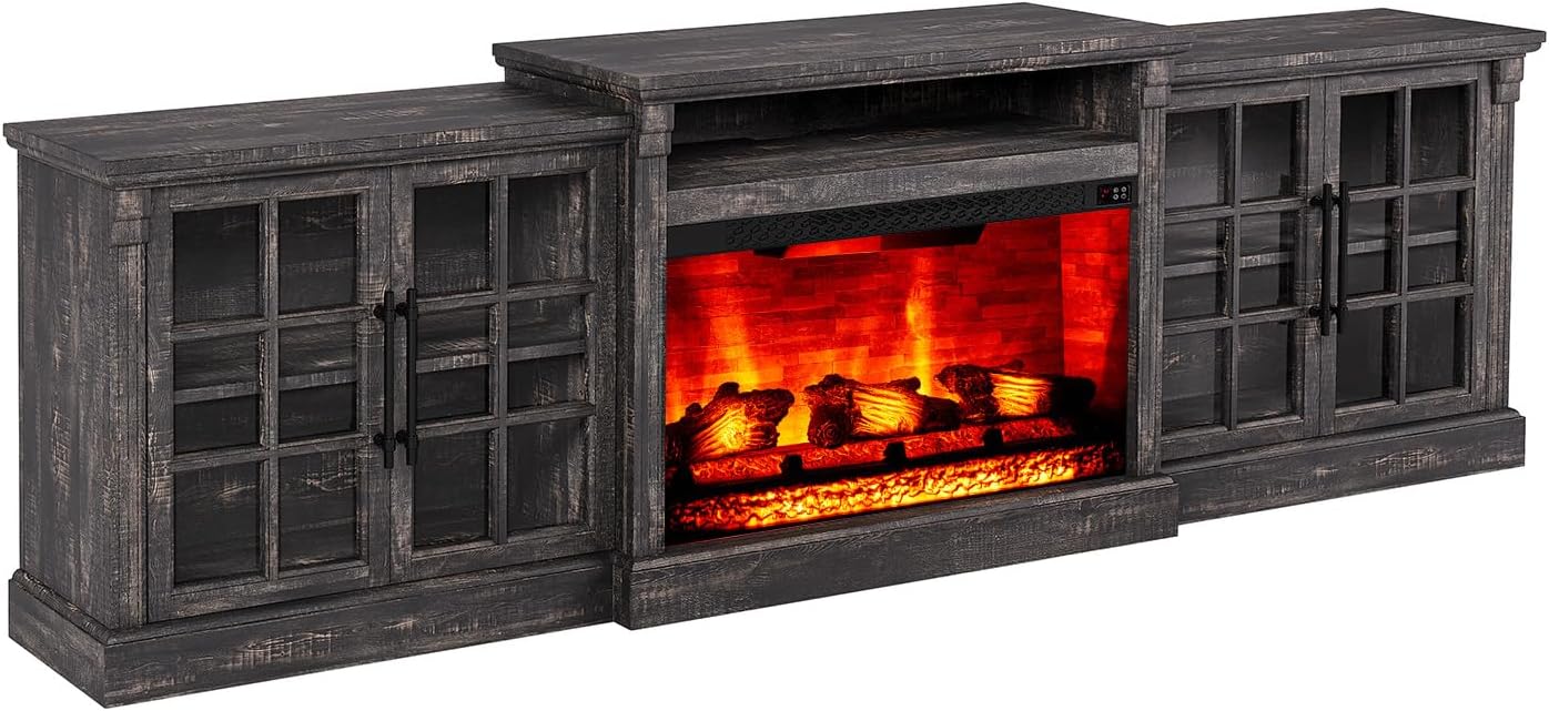 LUXOAK 97' Farmhouse TV Stand with 33' Fireplace for TVs up to 100', Media Entertainment Center with Large Storage Cabinet and Adjustable Shelves for Living Room, Rustic Black