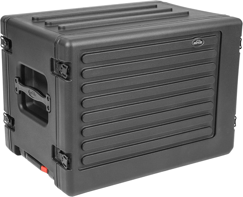 SKB 8U rSeries Shallow Rolling Rack with Integrated Back Wheels and 1-Touch Pull Handle, Comes with 8 Rack Units and Interlocking Molded Stacking Bars