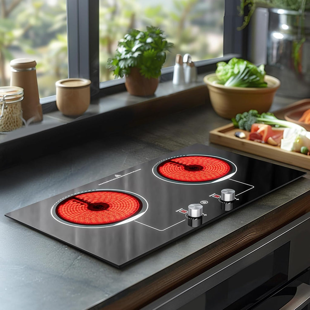 ADVWIN Electric Cooktop, 2 Burner Knob Control Plug in Built-in Ceramic Electric Stove Top with Child Safty Lock & Timer & Over-Temperature Protection & 10 Power Setting (2burners)