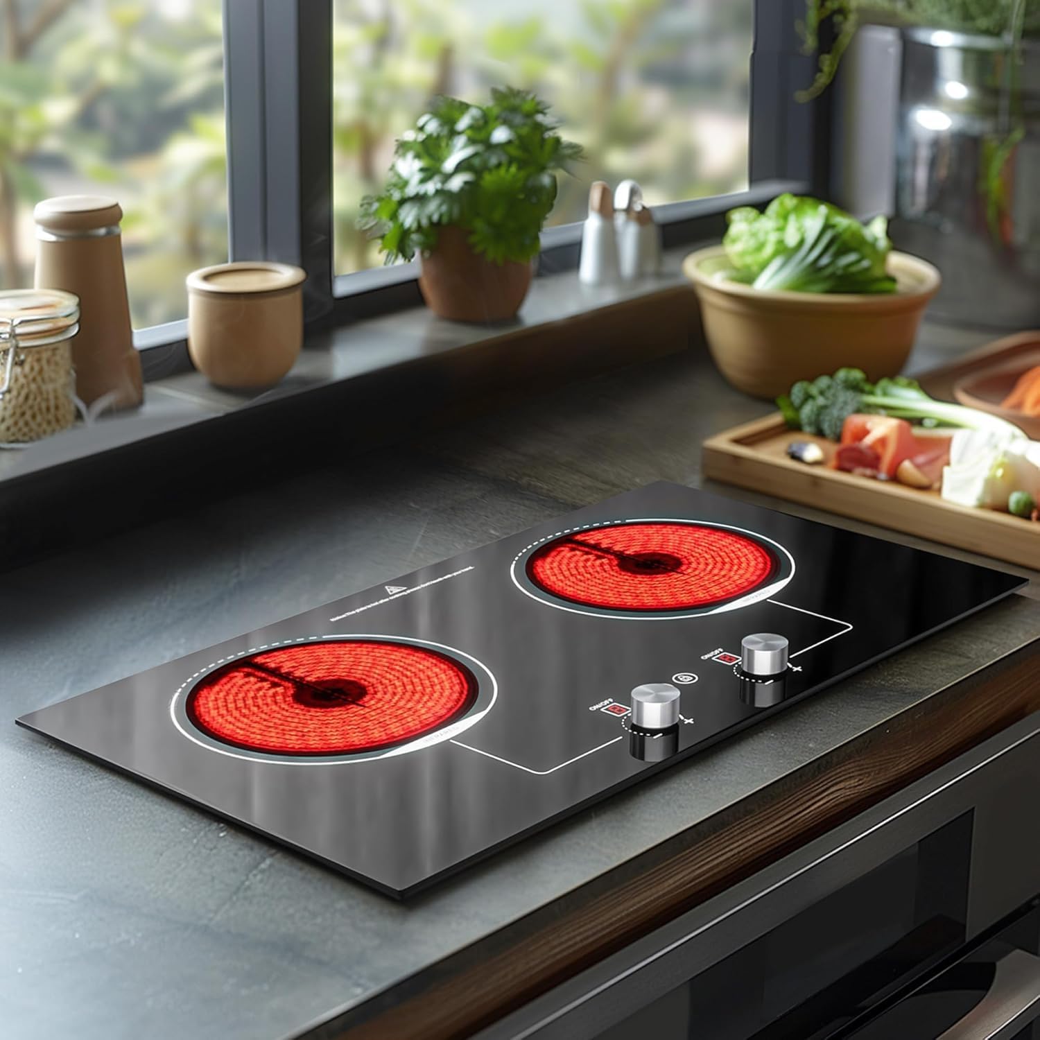 ADVWIN Electric Cooktop, 2 Burner Knob Control Plug in Built-in Ceramic Electric Stove Top with Child Safty Lock & Timer & Over-Temperature Protection & 10 Power Setting (2burners)