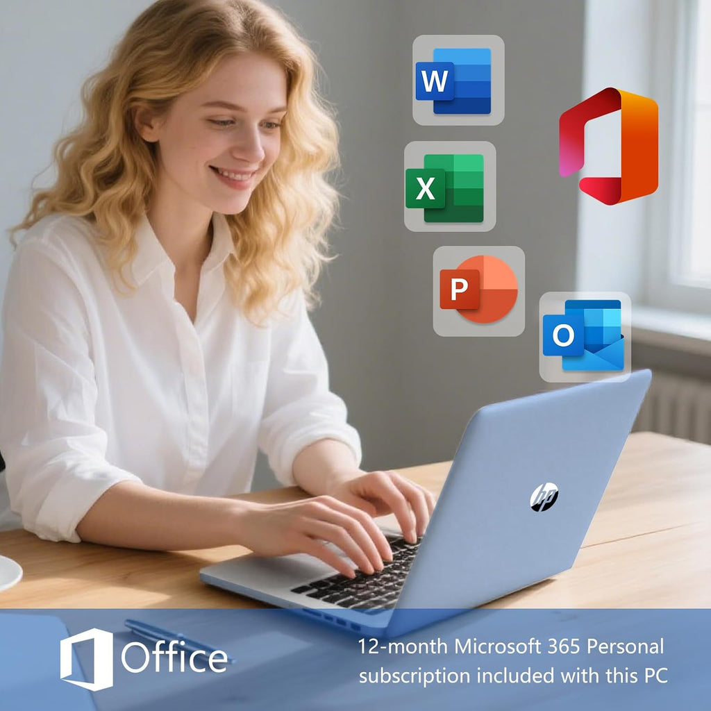 HP 14 Elite Laptop, 16GB RAM, 1.12TB Total Storage (128GB UFS+1TB Cloud), Sky Blue, Office 365, Intel 4-Core, Win11, Copilot AI, 11Hr Battery, Alpacatec Mouse