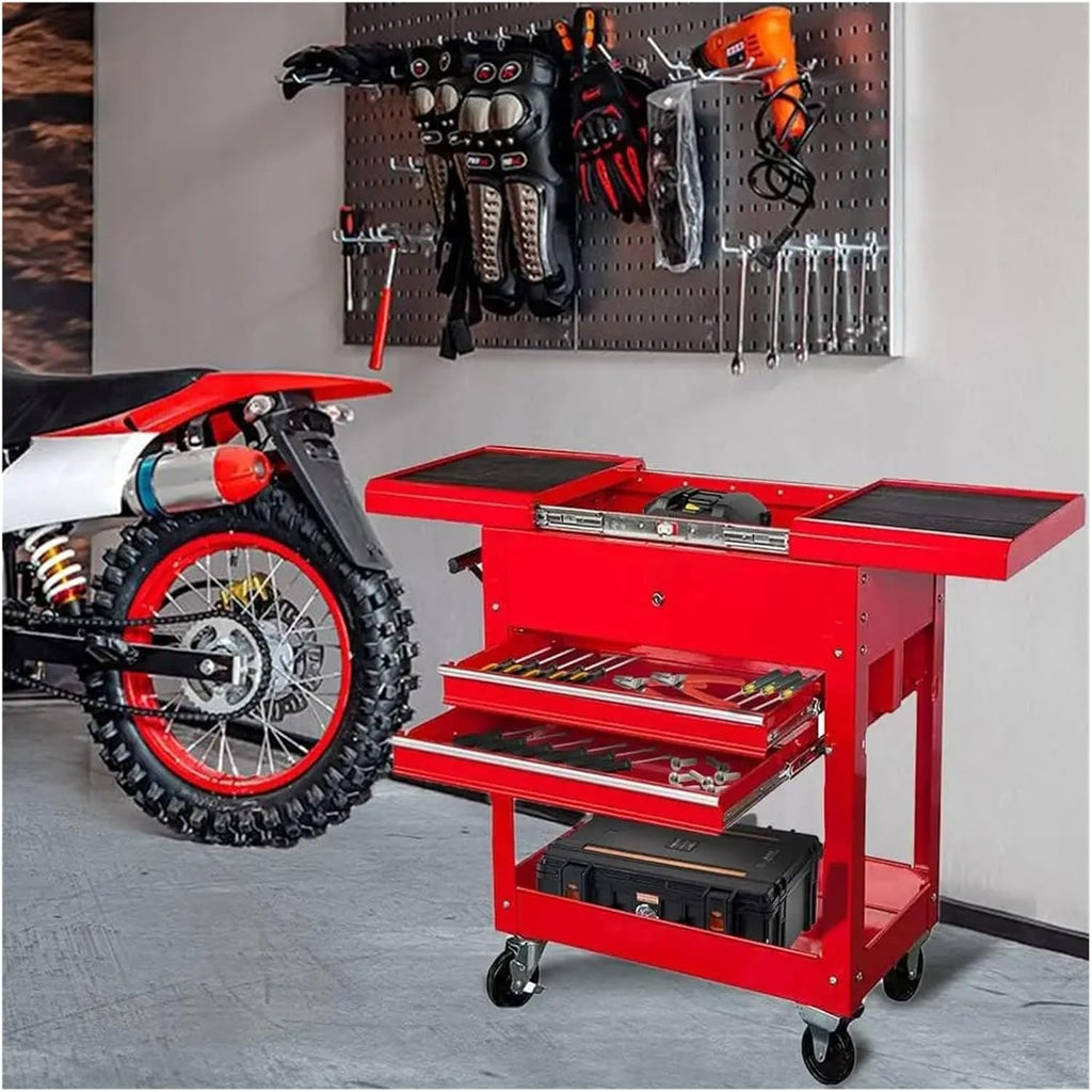 Multifunctional Rolling Garage Workshop Tool Organizer with Directional Wheels, 2 Drawer Tool Chest Tray with Top Work Surface and Storage Push Cart for Garage