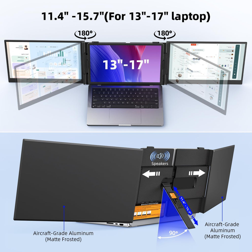 14' Triple Laptop Screen Extender - Ultra Thin & Lightweight (2.2lb) Portable Monitor For Laptop, FHD 1080P Travel Display 13-17' Laptops, Plug & Play USB-C/HDMI, Aluminum Extended Screen for Mac/Win
