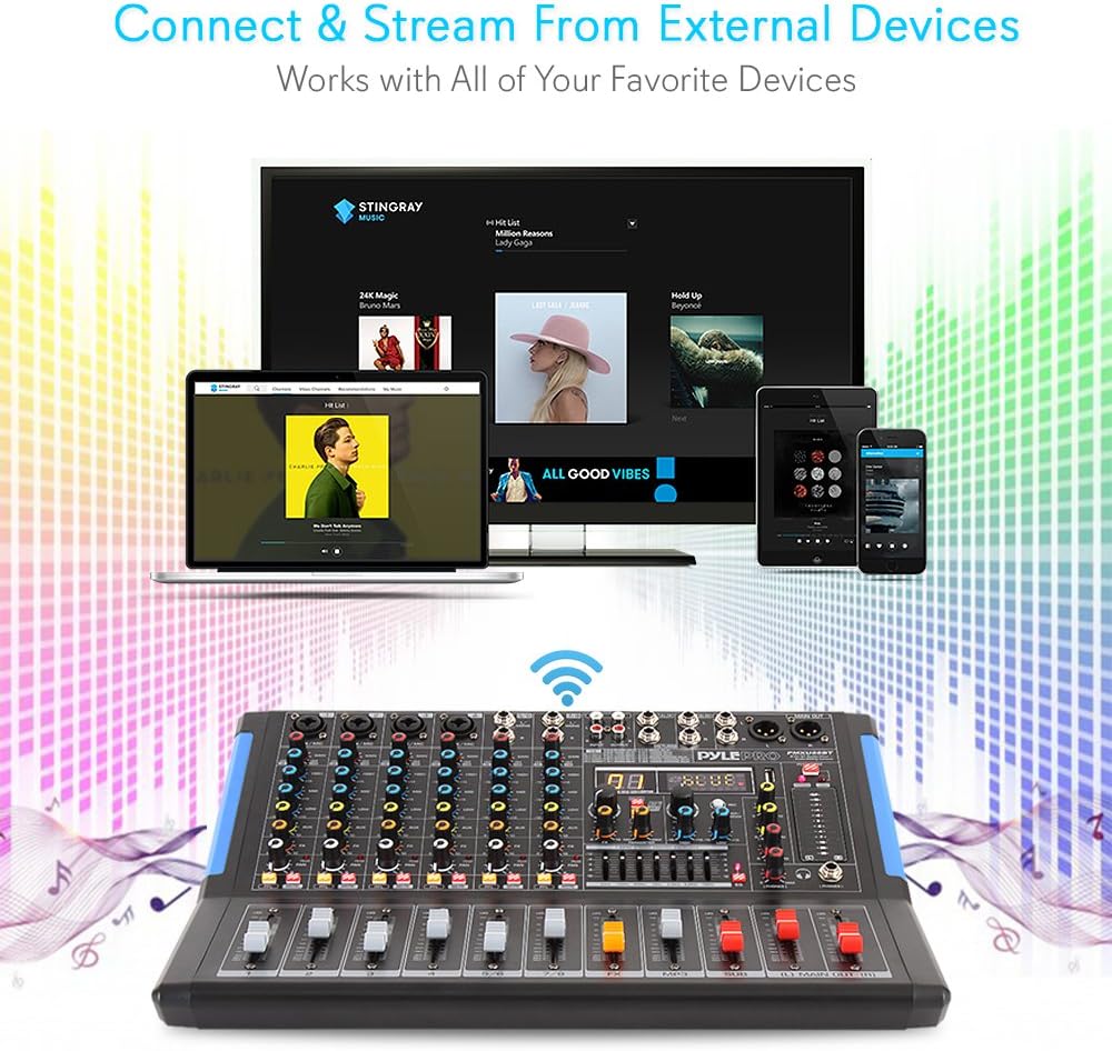 Pyle 8-Channel Console Style Audio Mixer with Bluetooth - DJ Sound Controller, 4 XLR / Combo Inputs, Sub Out, +48V Phantom, USB-A In, 16 DSP Effects, MP3 Player, 7-Band EQ - PMXU88BT