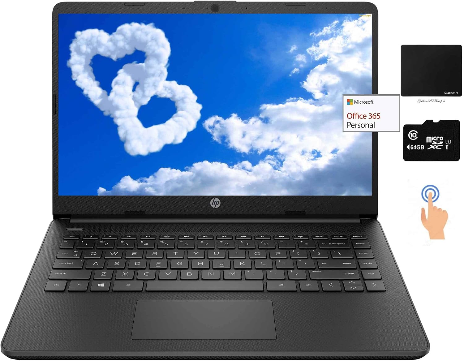 HP 14' Thin Light Touchscreen Laptop, Intel Dual-Core N4020, 8GB DDR4 RAM, 128GB Storage(64GB eMMC+64GB Micro SD), Webcam, 1-Year Office, Win 10 Bundle with GalliumPi Mousepad (Black)