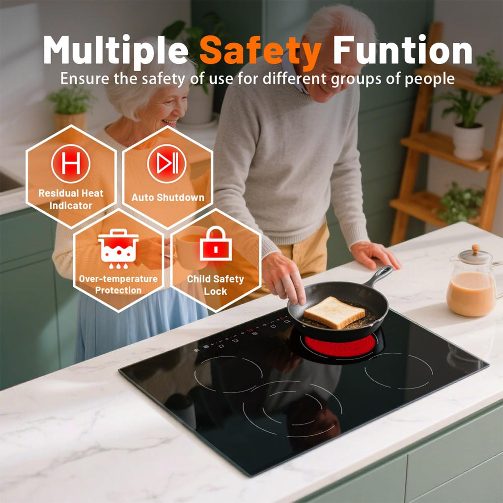 Electric Cooktop, 30 Inch Built-in Ceramic Cooktops 6400W, Electric Stove Top with 4 Burners 220-240V(No Plug), 9 Heating Levels, Child Lock, Sensor Touch Control, Residual Heat Warning