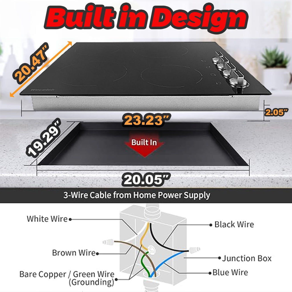 4 Burner Electric Cooktop 24 Inch, 6000W Built-In Electric Stove Top, Ceramic Glass Cooktop, Knob Control, 7 Power Levels, Built-In, 220-240V, Hard Wire, Black