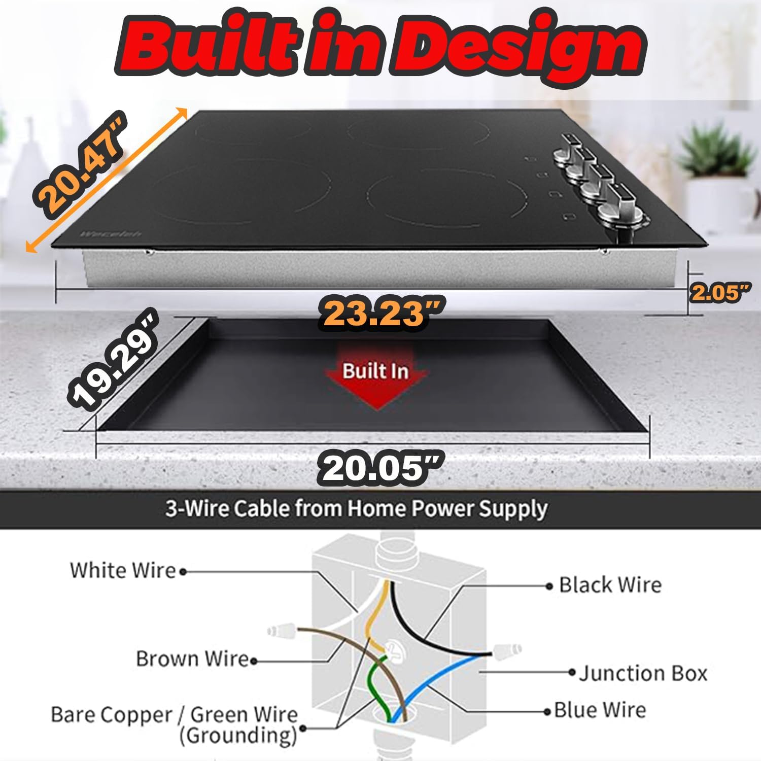 4 Burner Electric Cooktop 24 Inch, 6000W Built-In Electric Stove Top, Ceramic Glass Cooktop, Knob Control, 7 Power Levels, Built-In, 220-240V, Hard Wire, Black