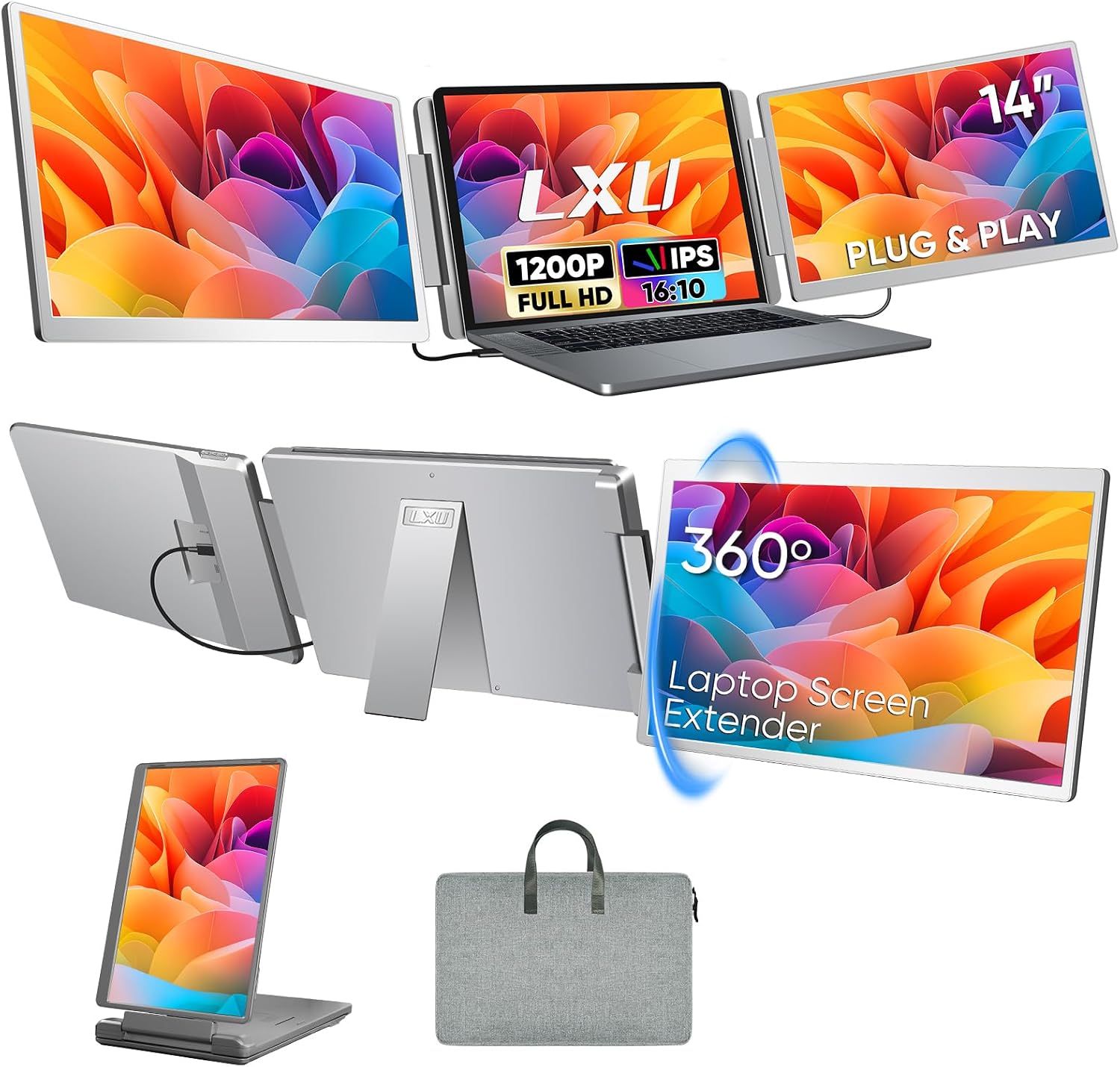 Laptop Screen Extender, FHD 1200P 16:10 IPS Portable Monitor for Laptops 12~16.2 inch, 14' Triple Screen Laptop Monitor Extender Display, Plug & Play with USB-C HDMI for Windows/MacBook/Switch/PS5