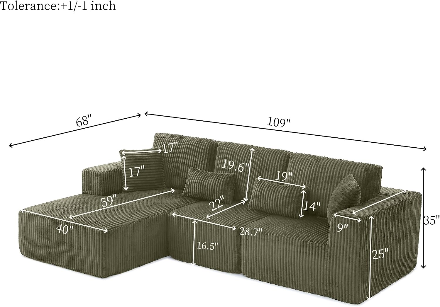 Modular Sectional Sofa Couches, 109' L-Shaped Cloud Boneless Couch with Left Chaise Lounge & Deep Seat for Living Room | No Assembly Required | Corduroy Fabric, Green