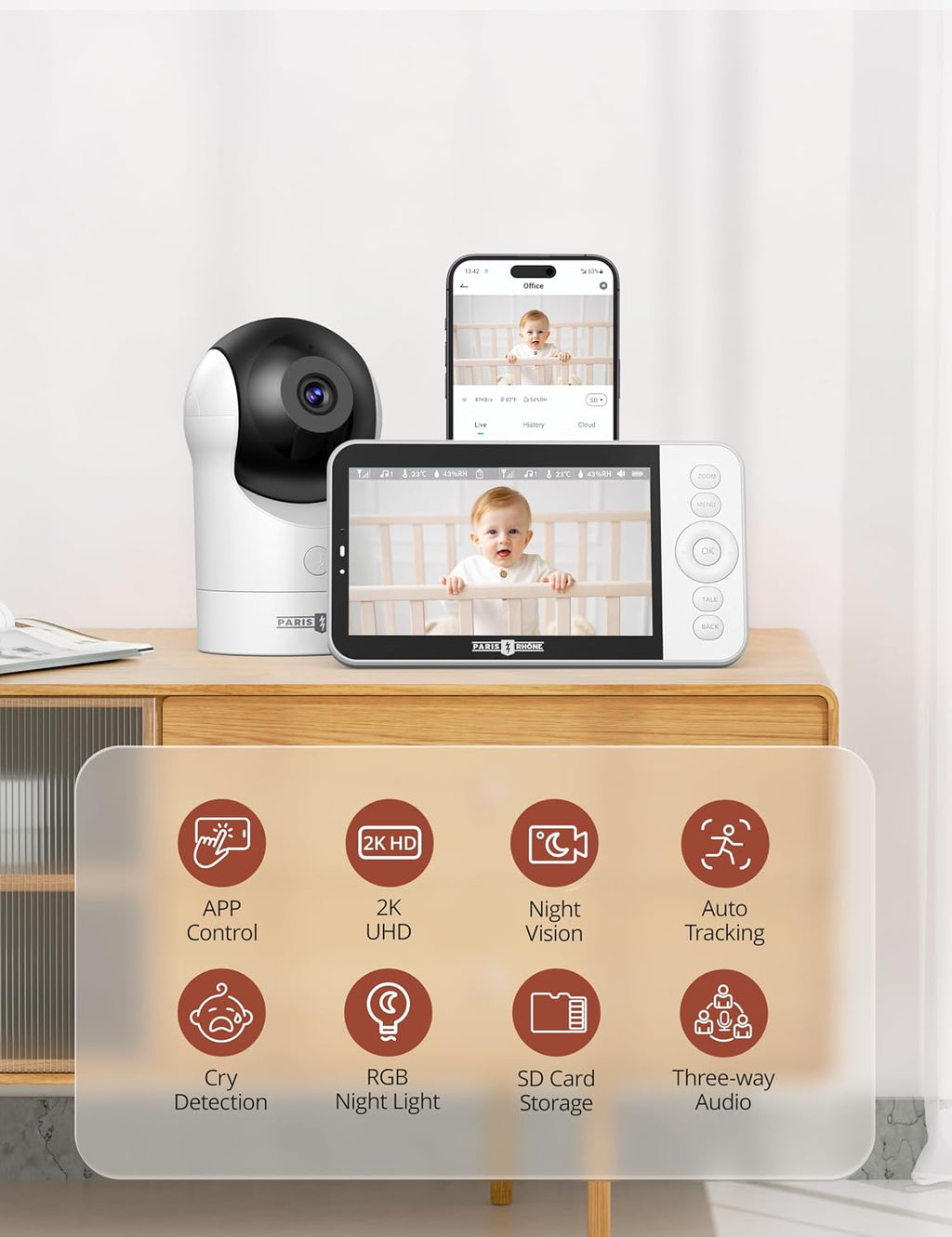 PARIS RHÔNE 2K Split-Screen Baby Monitor, 5' Smart Video Baby Monitor with 2 Cameras, Dual WiFi Cameras with App Control, Night Vision, Motion & Cry Alerts, Auto Tracking, RGB Night Light, Lullabies