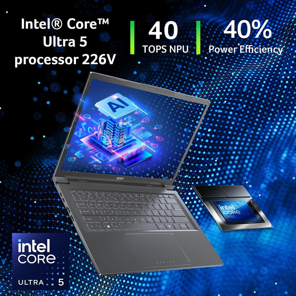 acer Aspire 14 AI Copilot+ PC | 14' WUXGA Display | Intel Core Ultra 5 Processor 226V | NPU: Up to 40 Tops - GPU: Up to 53 Tops | Intel ARC 130V | 16GB LPDDR5X | 512GB SSD | Wi-Fi 6E | A14-52M-51S1