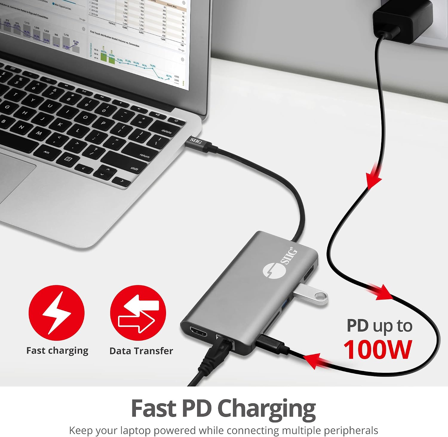 SIIG USB-C MST Hub with 4K@30Hz HDMI or DisplayPort, 1080p Dual Display, 100W Power Delivery Charging, 1 Gbps Ethernet, USB-C and 2X USB 3.1 Gen1 Type-A Data Ports, SD Card Slot (JU-DK0F11-S1)