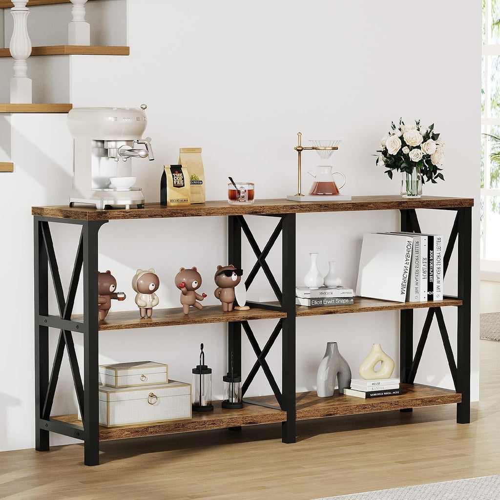LVB Wood Console Table, Rustic 3 Tier Sofa Table Behind Couch, Industrial Metal Entryway Table with Storage Shelf, Farmhouse Wooden Foyer Hallway Table for Entry Living Room, Rustic Brown, 55 Inch